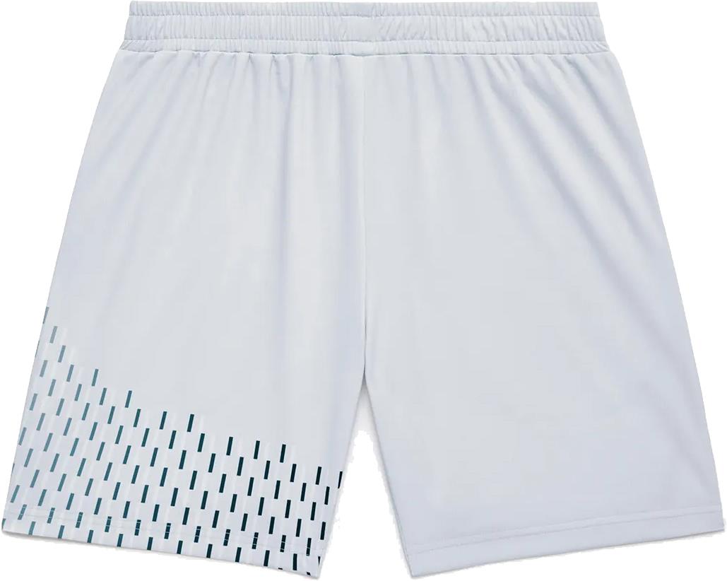 Yonex 15241EX Knit Men's Badminton Shorts in Silver Grey feature an elastic waistband, moisture-wicking fabric, a plain right leg, and small diagonal dark blue lines on the lower left leg. Laid flat on a white background.