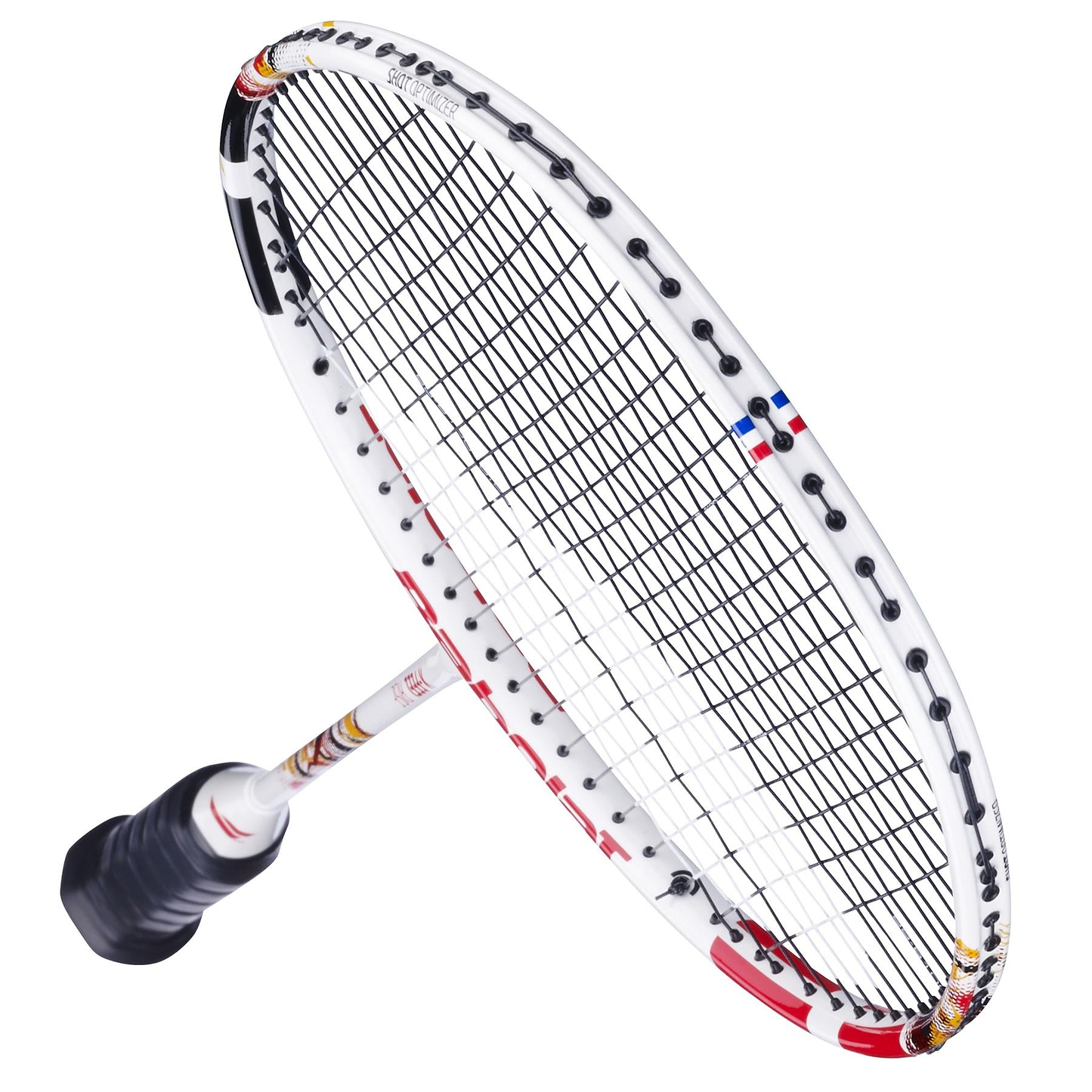 The Babolat X-Feel Rise 2026 3U Badminton Racket in white/red, by Babolat, features a sleek design with black strings and grip, photographed on a white background to highlight its style and performance potential.