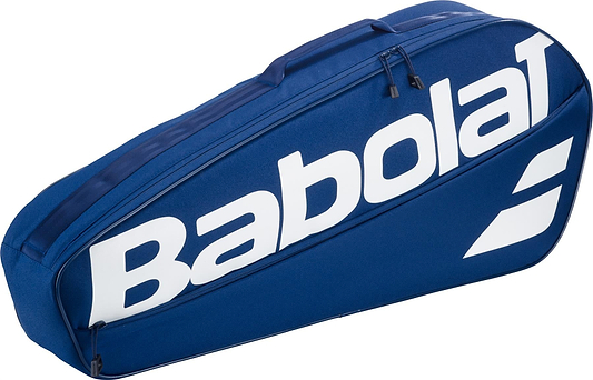 The Babolat Court XS 3 Racket Badminton Bag in blue features white branding, a zippered compartment, and a top carrying handle—ideal for stylishly carrying your badminton rackets and gear.