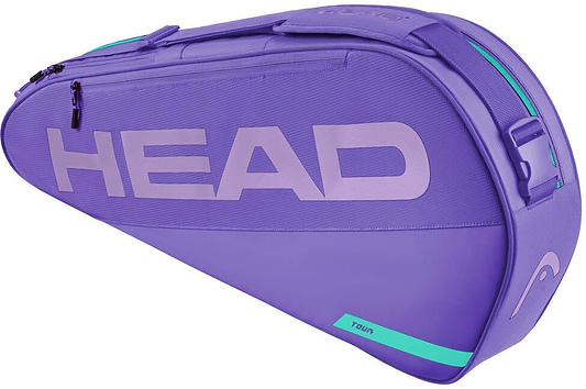 The HEAD Tour 3 Racket Badminton Bag S - Purple features a teal zipper, bold HEAD logo, shoulder strap, and a sleek triangular design for easy carrying.