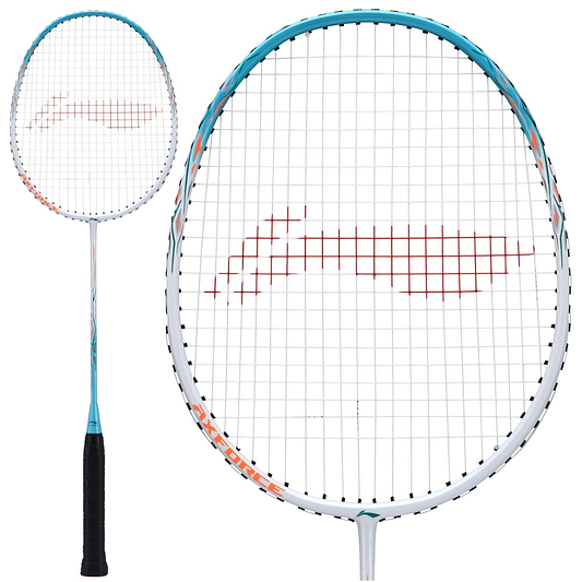 The **Li-Ning Axforce 9 Badminton Racket - White / Blue** by **Li-Ning** boasts a blue frame complemented by white strings and a striking red logo pattern. The handle is wrapped in black grip tape for a secure grip. A full view of the racket, along with a detailed close-up of the head, showcases its innovative Aero Tec-Beam System design.
