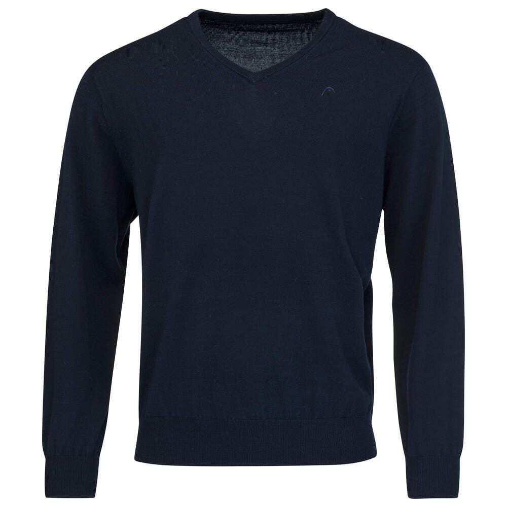 A stylish and comfortable dark blue V-neck sweater with long sleeves, laid flat. This HEAD Men's Pullover Jumper is made from soft Merino wool and features a plain design with ribbed cuffs and hem.