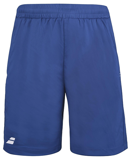 These Sodalite Blue Babolat Play Men's Badminton Shorts are made from recycled polyester fabric and feature an elastic waistband along with a discreet white logo on the bottom left. Their lightweight design ensures 360 Motion, making them ideal for sports or casual wear, perfect for anyone looking for versatile athletic shorts.