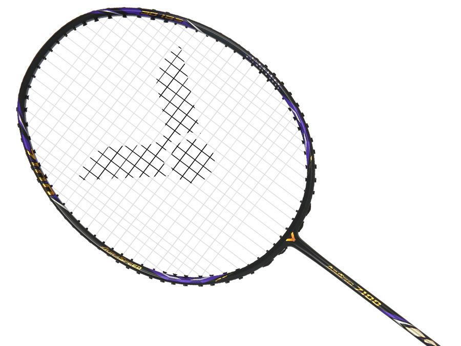 The Victor Auraspeed 7100 4U Badminton Racket in black by Victor features a white string bed with a black triangular logo, combining style and performance—perfect for beginners.