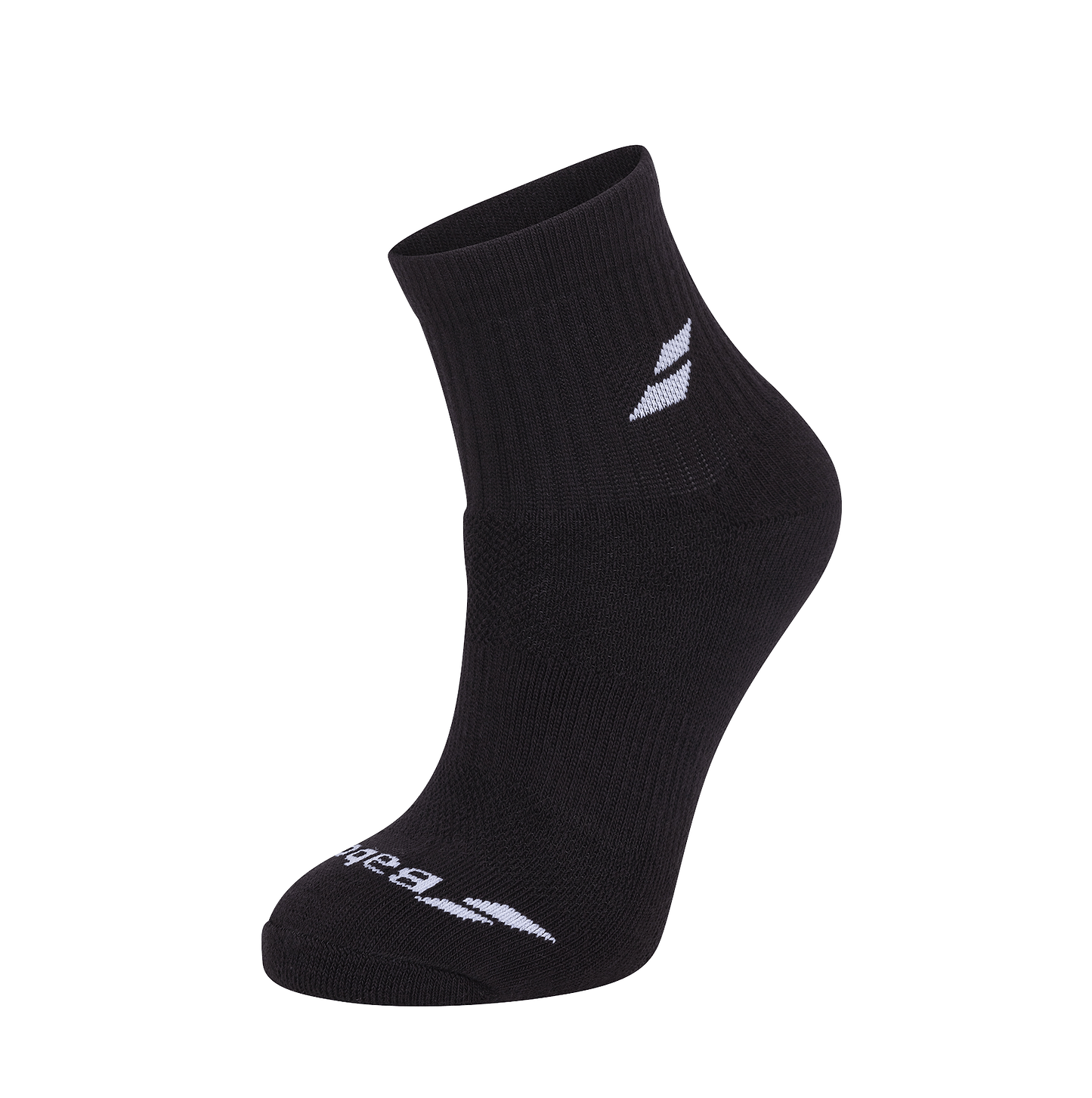One black ankle sock from the Babolat Quarter Badminton Socks 3 Pack offers exceptional comfort and breathability, complete with a white stylized "B" logo on the side. Perfectly suited for badminton, it's showcased against a plain white background.