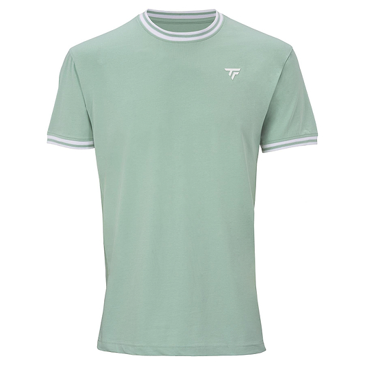 The Tecnifibre Team Stretch Men's Badminton T-Shirt in sage green features white collar and sleeve trim, is made from organic cotton, and has a small white Tecnifibre logo on the left chest.
