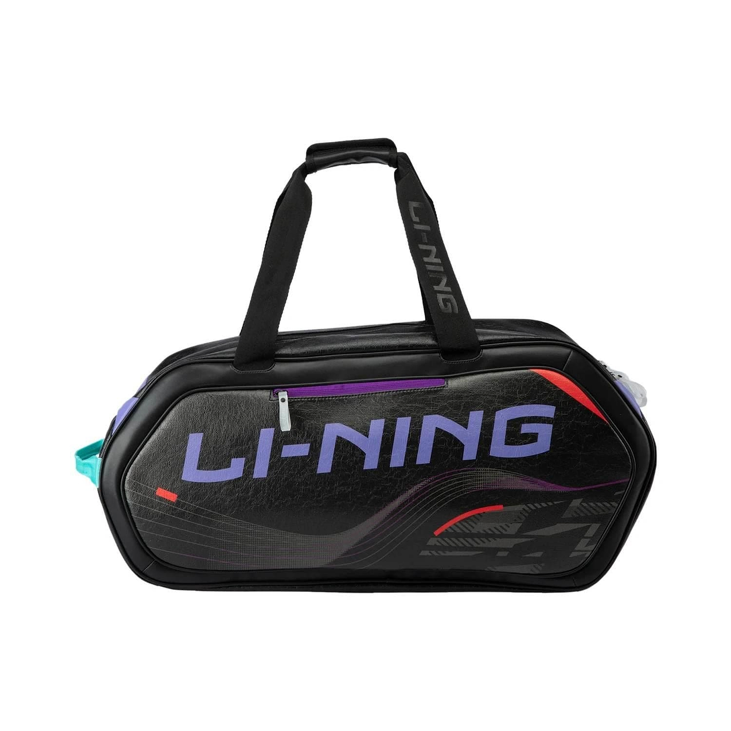 The Li-Ning International Elite 6 Racket Badminton Bag in sleek black features purple and red text, dual branded straps, a zippered main compartment, modern design, and decorative side patterns—ideal for discerning badminton athletes.