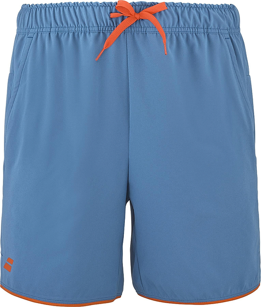 The Babolat Perf Men's Badminton Shorts in Seaport feature an elastic waistband with orange drawstring, side pockets, small orange logo by the left hem, and an orange inner lining—ideal for performance on the badminton court.
