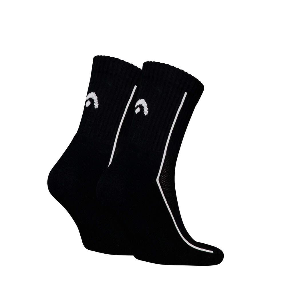The HEAD Performance Short Crew Badminton Socks (2 Pack) in black feature a white stripe and small logo, incorporating arch support for enhanced comfort; showcased against a crisp white background.