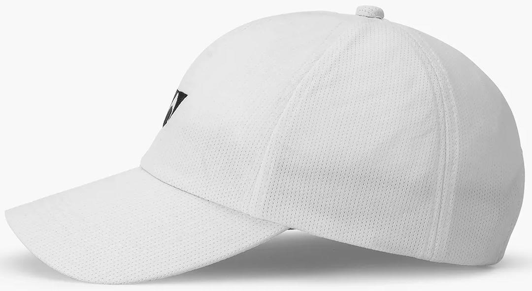 The Yonex 40125EX Badminton Cap - White is shown side-on, featuring a curved brim, breathable lightweight design with a subtle textured pattern, adjustable fit, and a small dark Yonex logo partially visible on the front.