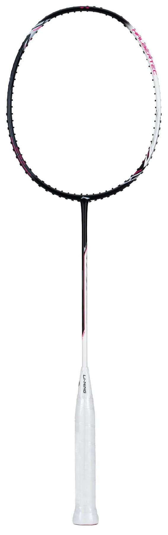 The Li-Ning Halbertec 2000 3U Badminton Racket - Cool Ebony features a black-and-white design with a white grip and circular head, renowned for its precise swing weight balance, displayed against a plain white background.