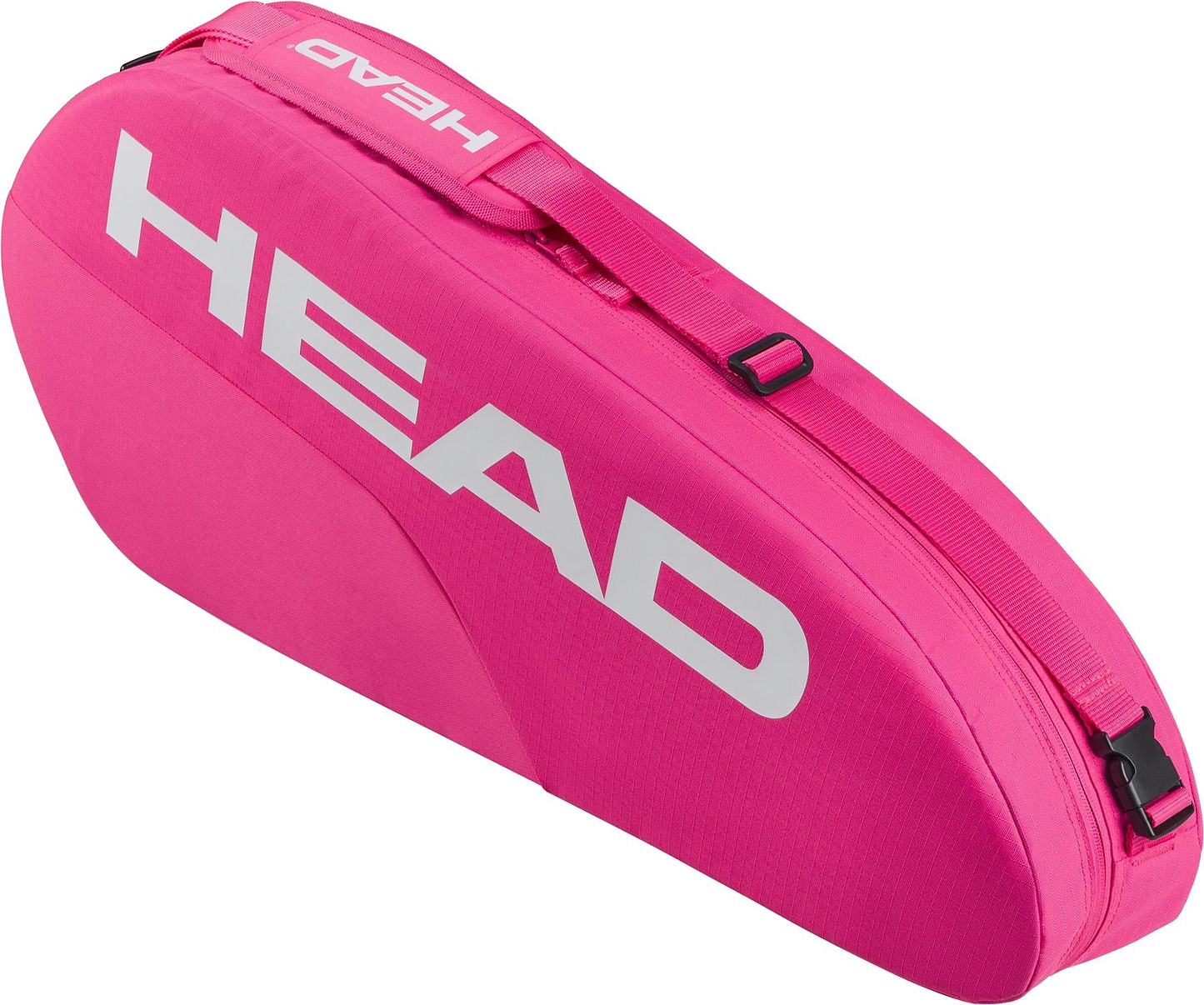 The HEAD Base 3 Racket Badminton Bag S - Pink features a handle, zipper, and large white HEAD logo. Its sleek, modern design fits rackets perfectly—ideal for badminton enthusiasts who want style and function from HEAD.