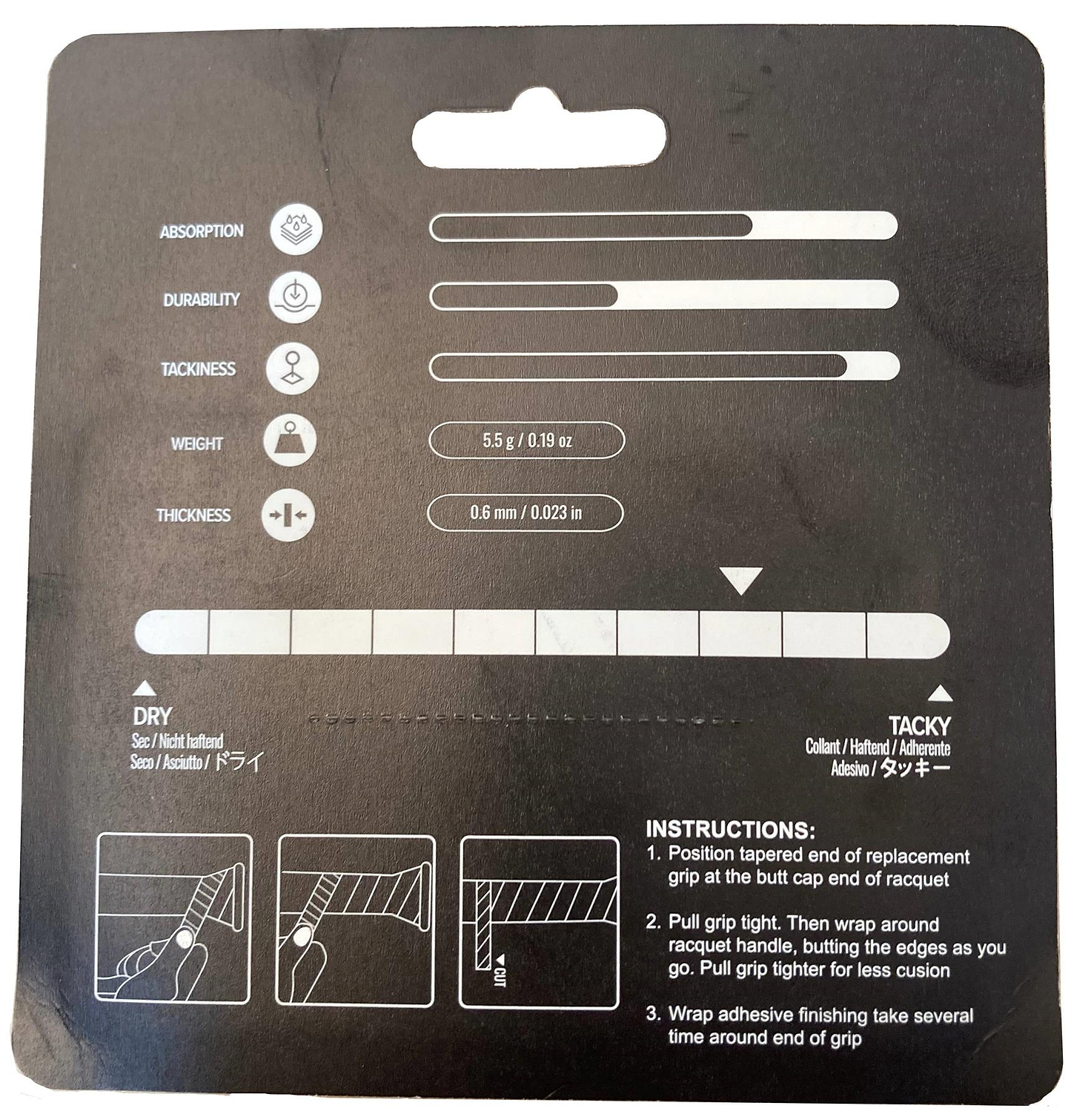 BadmintonHQ 3 Pack Badminton Overgrips - Red features black packaging with white icons and text showing sweat absorption, ultra-tacky grip, 5.5g weight, 0.6mm width, a dry-to-tacky scale, and illustrated application instructions.