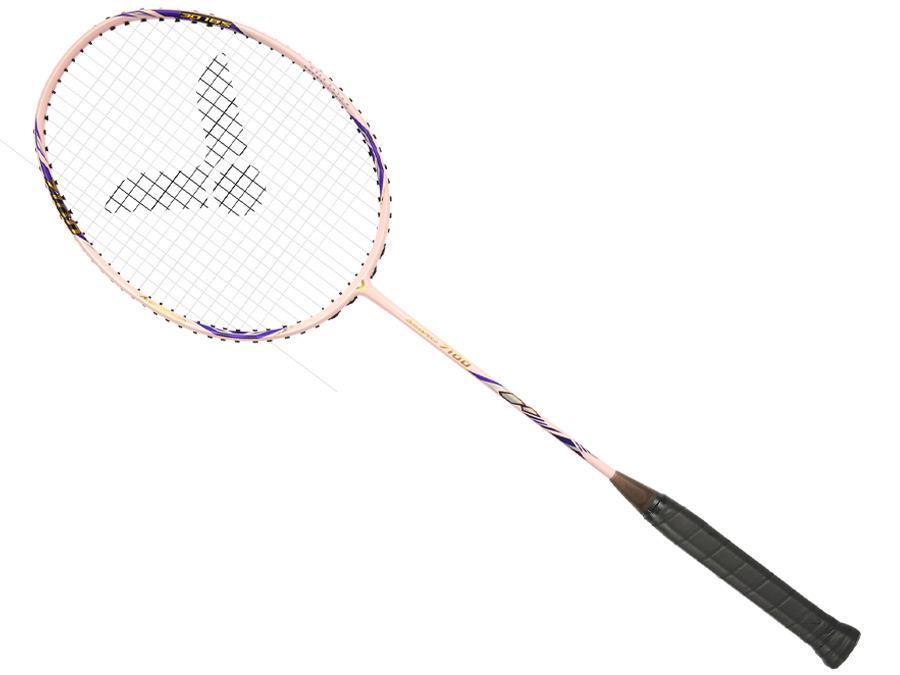 The Victor Auraspeed 7100 4U Badminton Racket in pink by Victor is shown with a black grip and stringed head on a white background—ideal for beginners.
