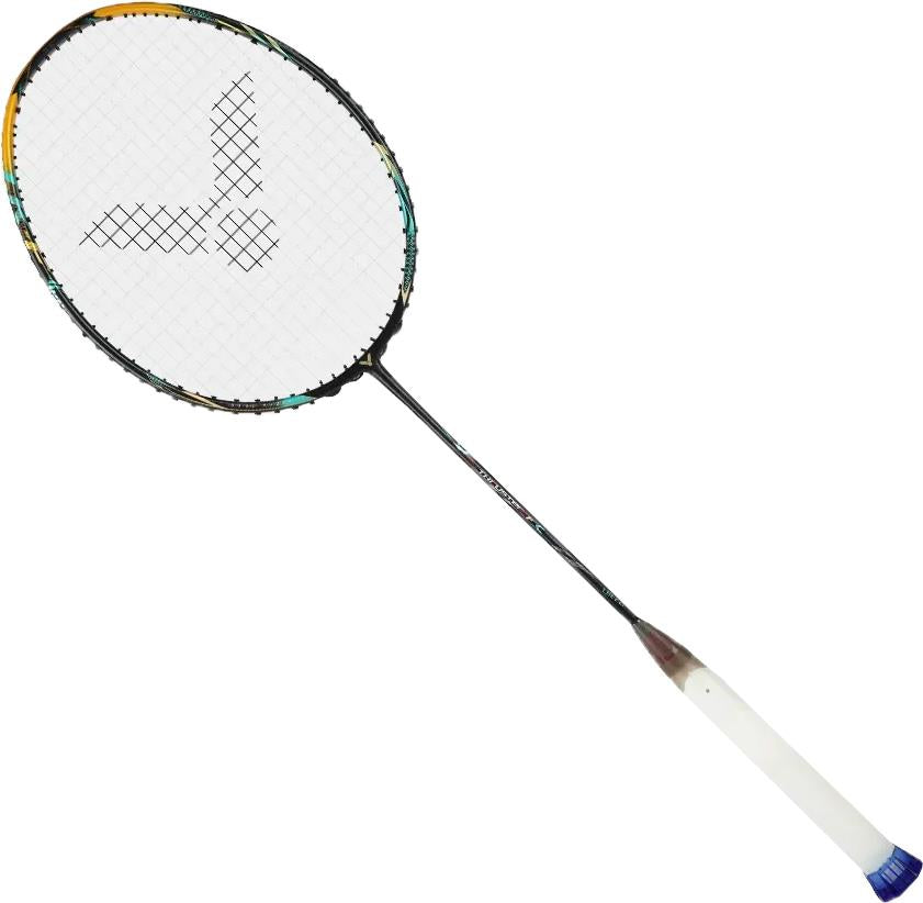 The Victor Thruster F C Ultra CX 4U Badminton Racket by Victor features a black and gold frame, white strings with logo, a slim black shaft, and a white grip handle with blue end cap, shown on a white background.