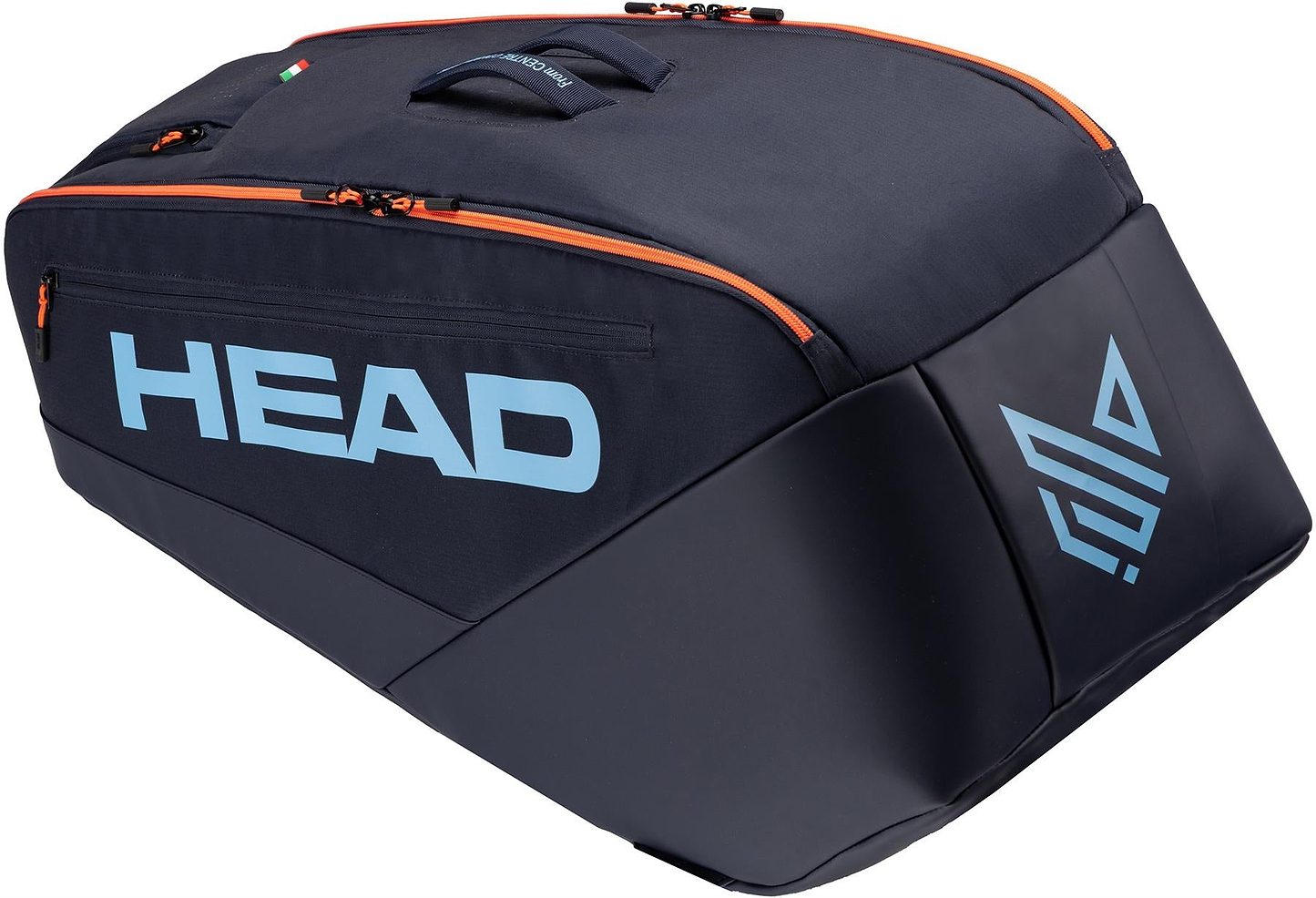 The HEAD Pro 9 Racket Badminton Bag L in navy features orange zippers, bold blue "HEAD" branding, a geometric logo, top handle, CCT+ climate control tech, and a sleek, angular design inspired by Jannik Sinner.