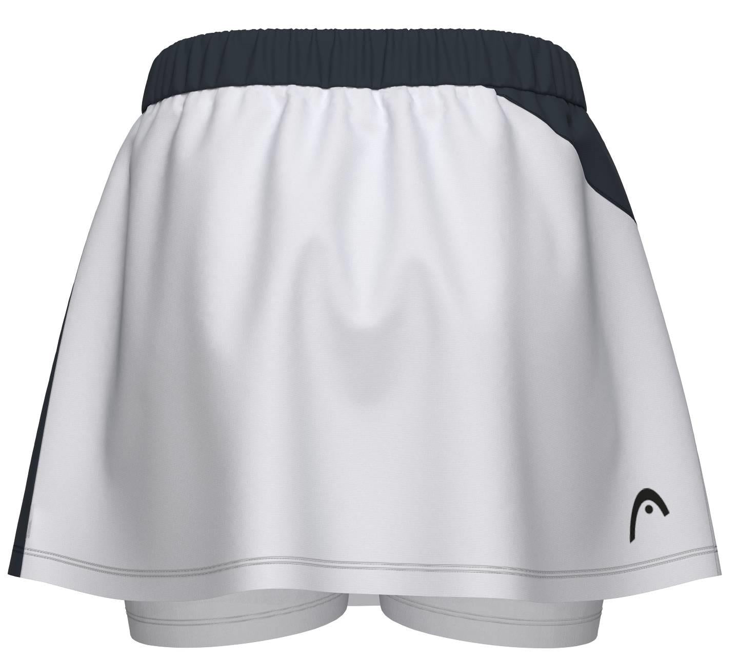 The HEAD Dynamic Womens Badminton Skort in Navy/White features a contrasting waistband and side detail, a small logo on the lower right front, built-in shorts for coverage, and moisture-wicking fabric.