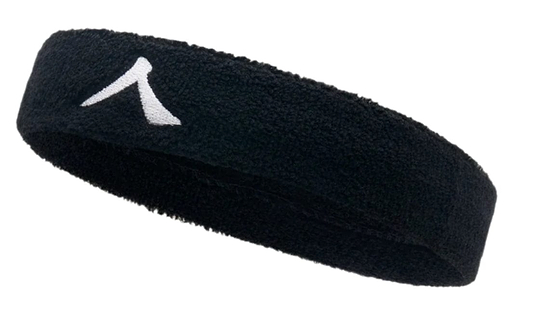 The Kanso 4cm Headband - Black by Kanso features a white stylized "A" logo on a plain background, crafted from absorbent fabric for maximum comfort during any activity.