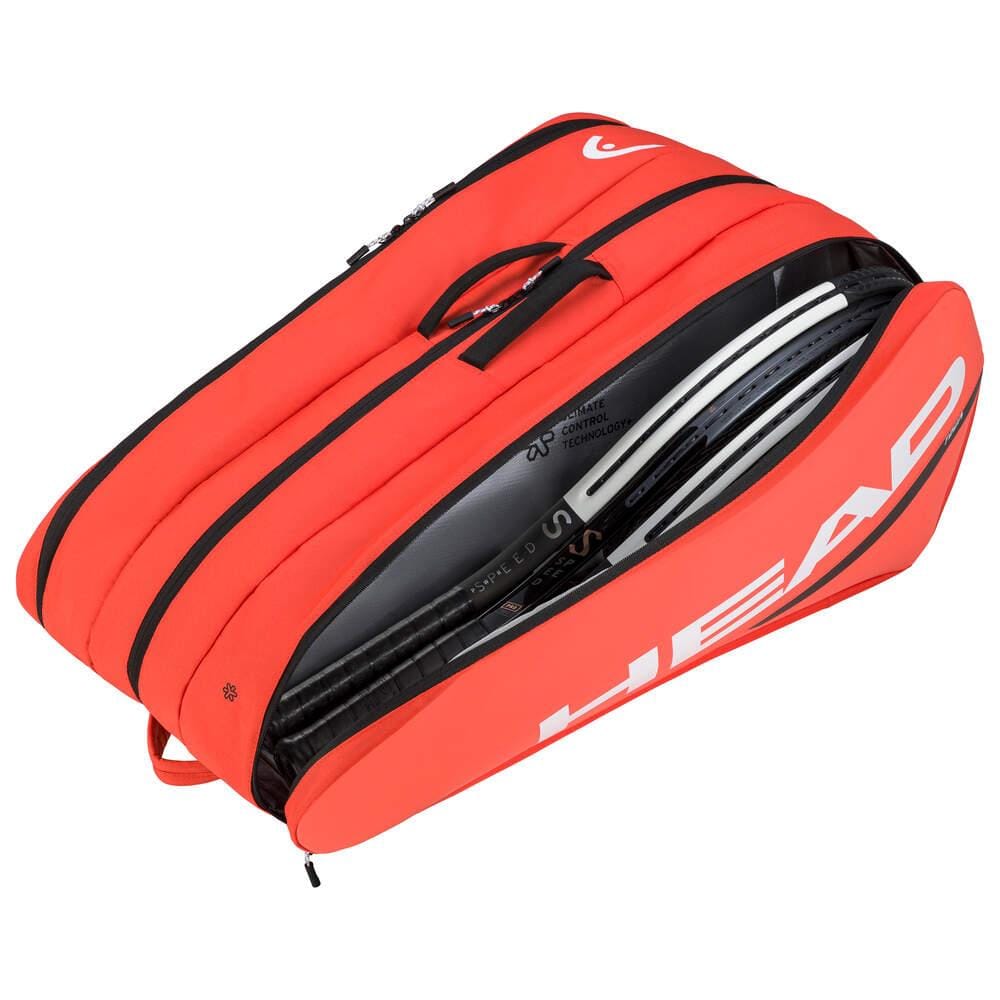 A fluorescent orange badminton racket bag with black accents, unzipped to reveal several rackets inside. Equipped with a backpack carry system for easy transport, the brand name "HEAD" is prominently displayed in white on the side of the bag.