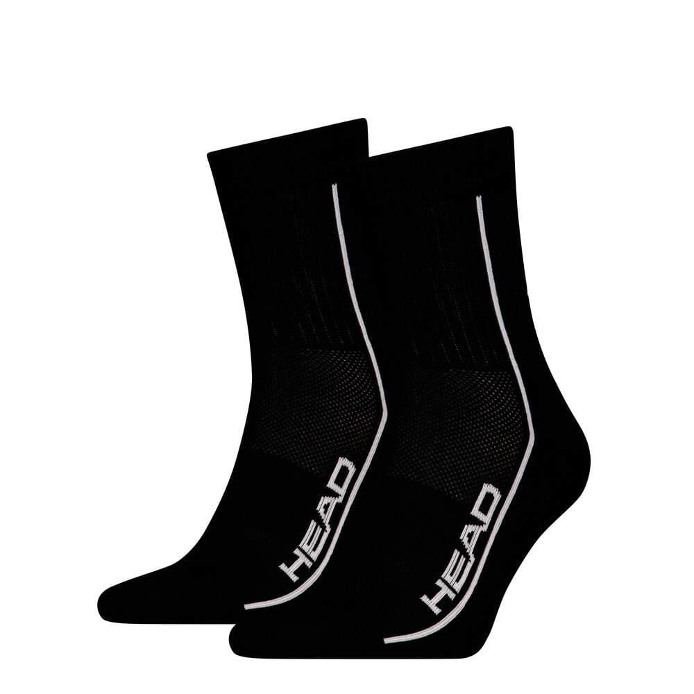 The HEAD Performance Short Crew Badminton Socks in black feature a white stripe and the "HEAD" logo in white on the side, with a ribbed cuff and textured fabric for arch support, providing comfort and stability during intense badminton matches.