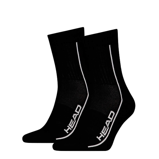 The HEAD Performance Short Crew Badminton Socks in black feature a white stripe and the "HEAD" logo in white on the side, with a ribbed cuff and textured fabric for arch support, providing comfort and stability during intense badminton matches.