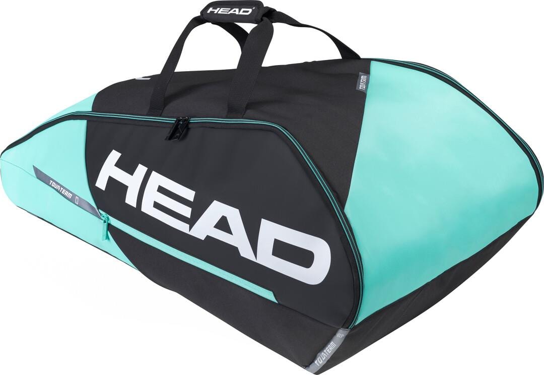 The HEAD Tour Team 9R Supercombi 9 Racket Badminton Bag in black and mint exhibits a sleek design with "HEAD" prominently displayed in bold white letters. It combines style with practicality, featuring a convenient carry system and top handle, ideal for athletes who prioritize both aesthetics and functionality.