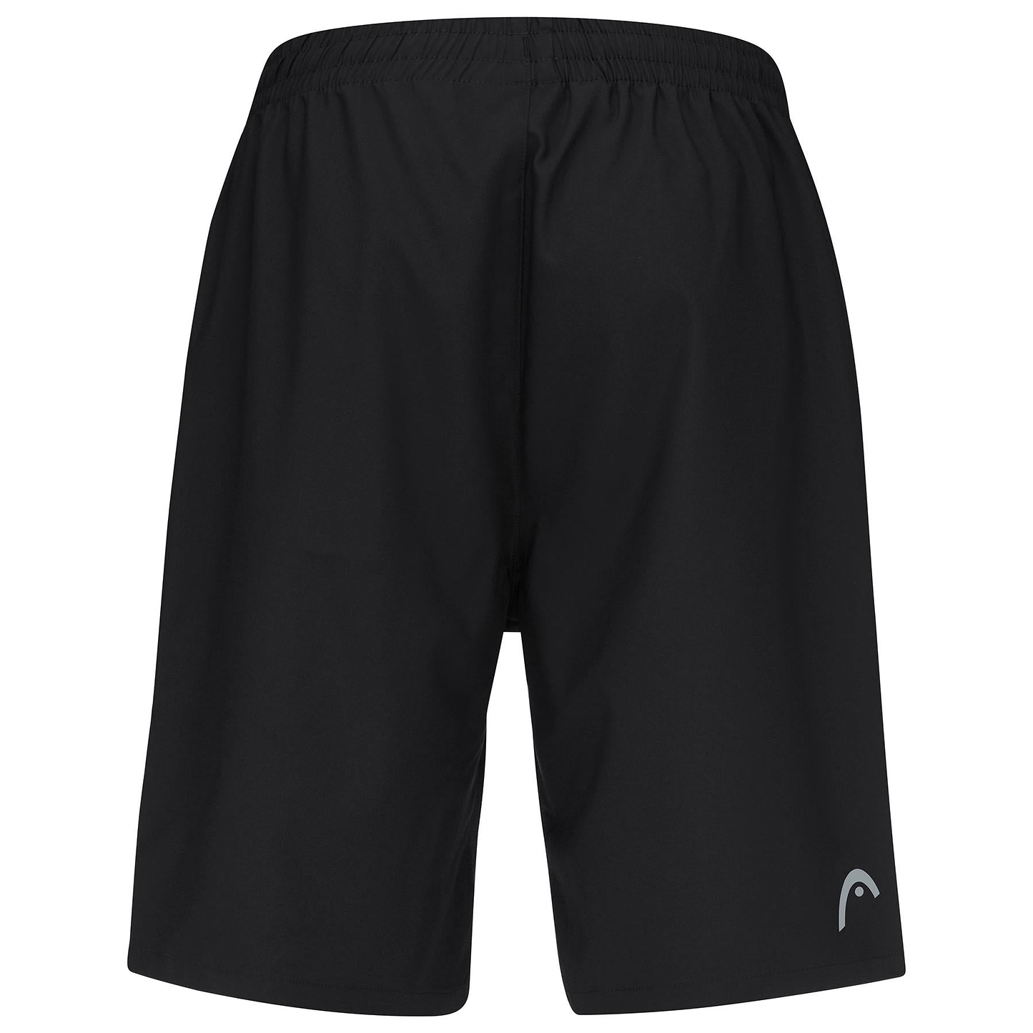 HEAD Club Bermudas Men's Badminton Shorts - Black by HEAD, shown from the back, feature an elastic waistband, smooth design, small white logo, and moisture transfer microfibre for comfort. No visible pockets or patterns.
