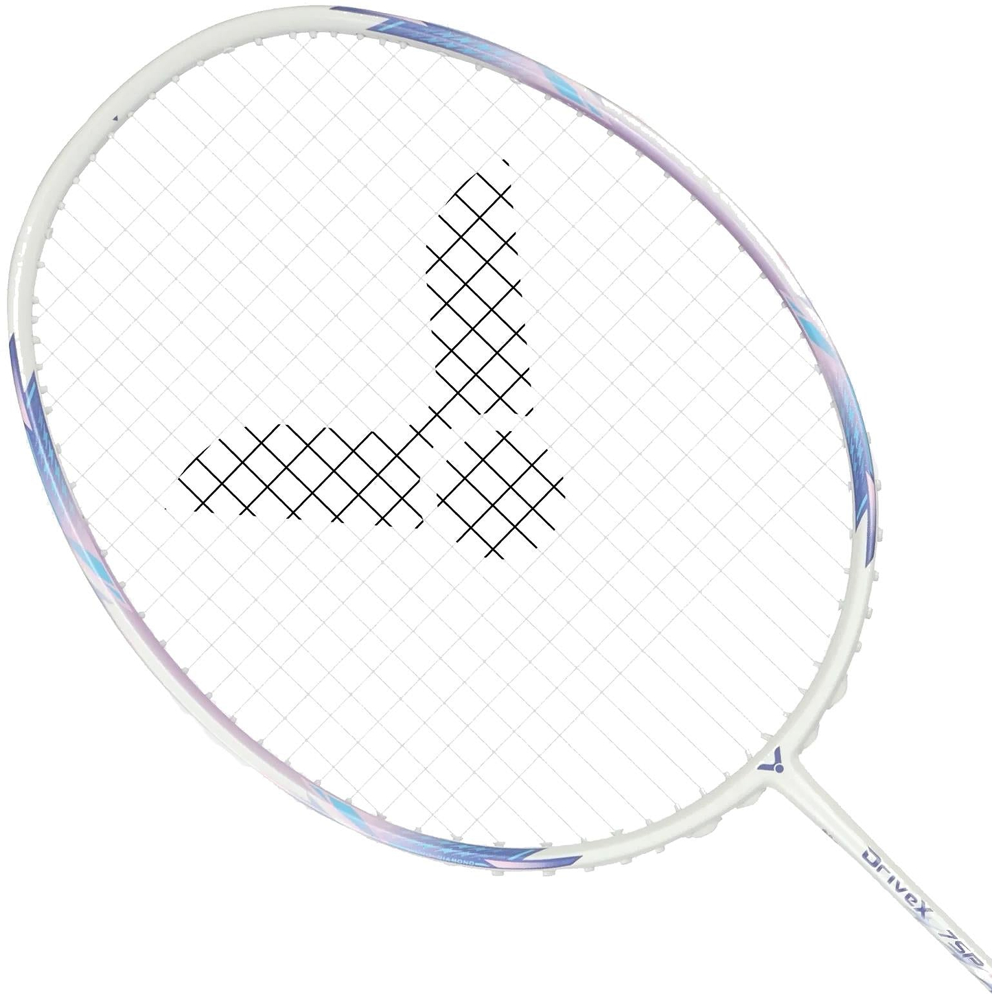 The Victor DriveX 7SP AJ 4U Badminton Racket in white and purple by Victor features light blue accents, a unique black string pattern, and is photographed against a white background. Suitable for all skill levels.
