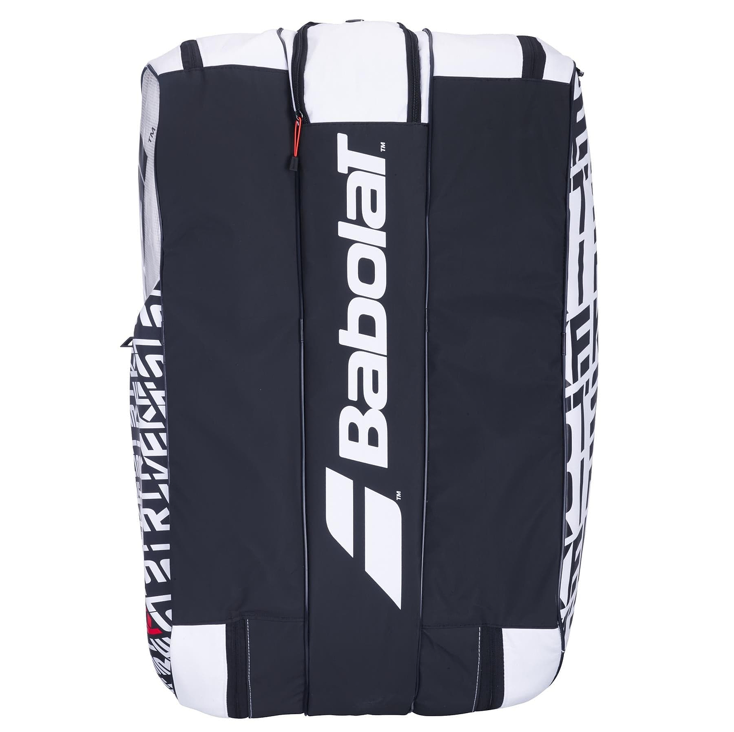 The Babolat RH12 Pure Strike 12 Racket Bag in white, black, and red boasts a striking geometric pattern on its sides. Featuring the Babolat logo prominently in white at the center, it offers a durable insulated compartment designed to keep your gear protected and organized.