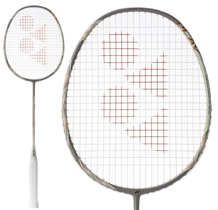 The Yonex Astrox 77 Play 4U Badminton Racket in Light Beige features a white grip and a red Yonex logo on the strings, shown from the front and in close-up—ideal for beginners.