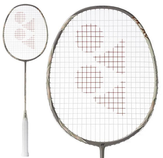 The Yonex Astrox 77 Play 4U Badminton Racket in Light Beige features a white grip and a red Yonex logo on the strings, shown from the front and in close-up—ideal for beginners.
