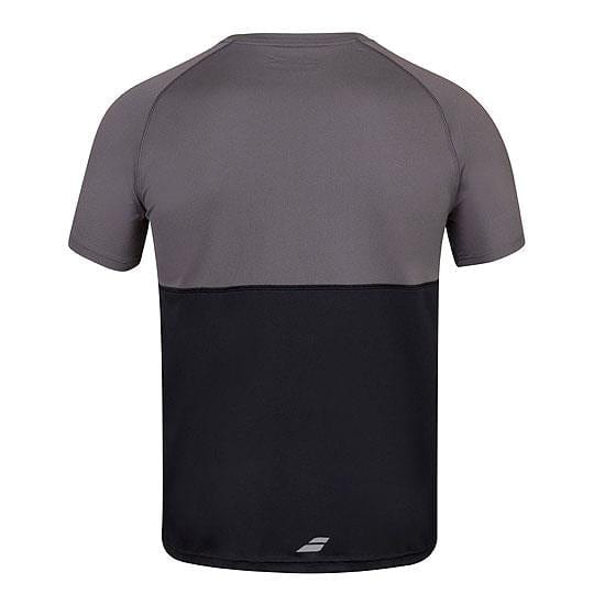 The Babolat Men's Play Crew Neck T-Shirt in black is a short-sleeved, slim-fit athletic shirt designed with a half-gray, half-black color scheme. Made from lightweight Fiber Dry-polyester, it offers breathability and features a small logo near the bottom center, ensuring optimal comfort and performance.