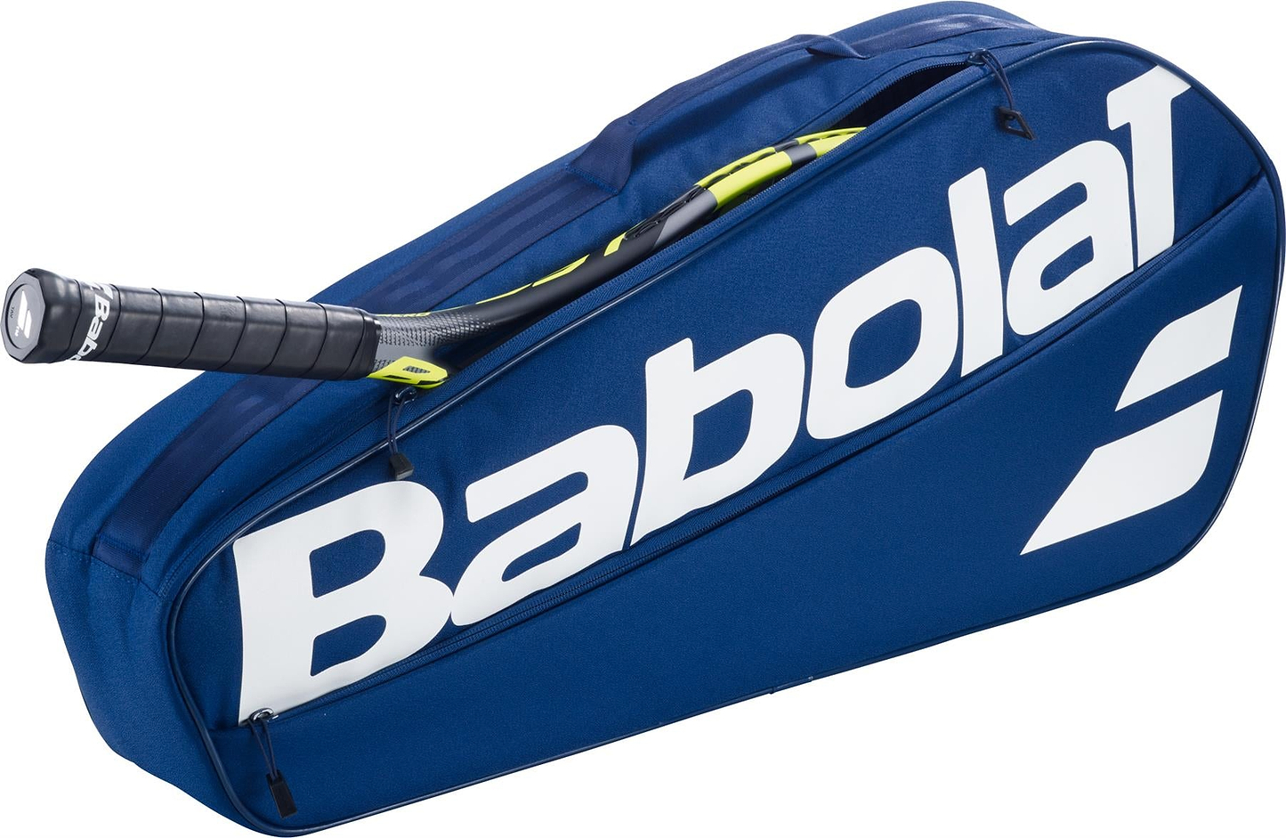 A blue Babolat Court XS 3 Racket Badminton Bag by Babolat with a tennis racket partially inside, showing the handle and part of the frame. The compact bag features a large white Babolat logo on its side.