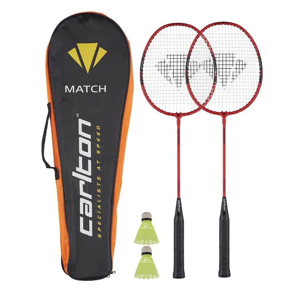Introducing the Carlton Match 100 2 Player Badminton Racket Set by Carlton, this durable set features two red rackets and two yellow shuttlecocks, all expertly packed in an orange and black carrying bag. Perfect for beginners, its vibrant design truly stands out against a white background.