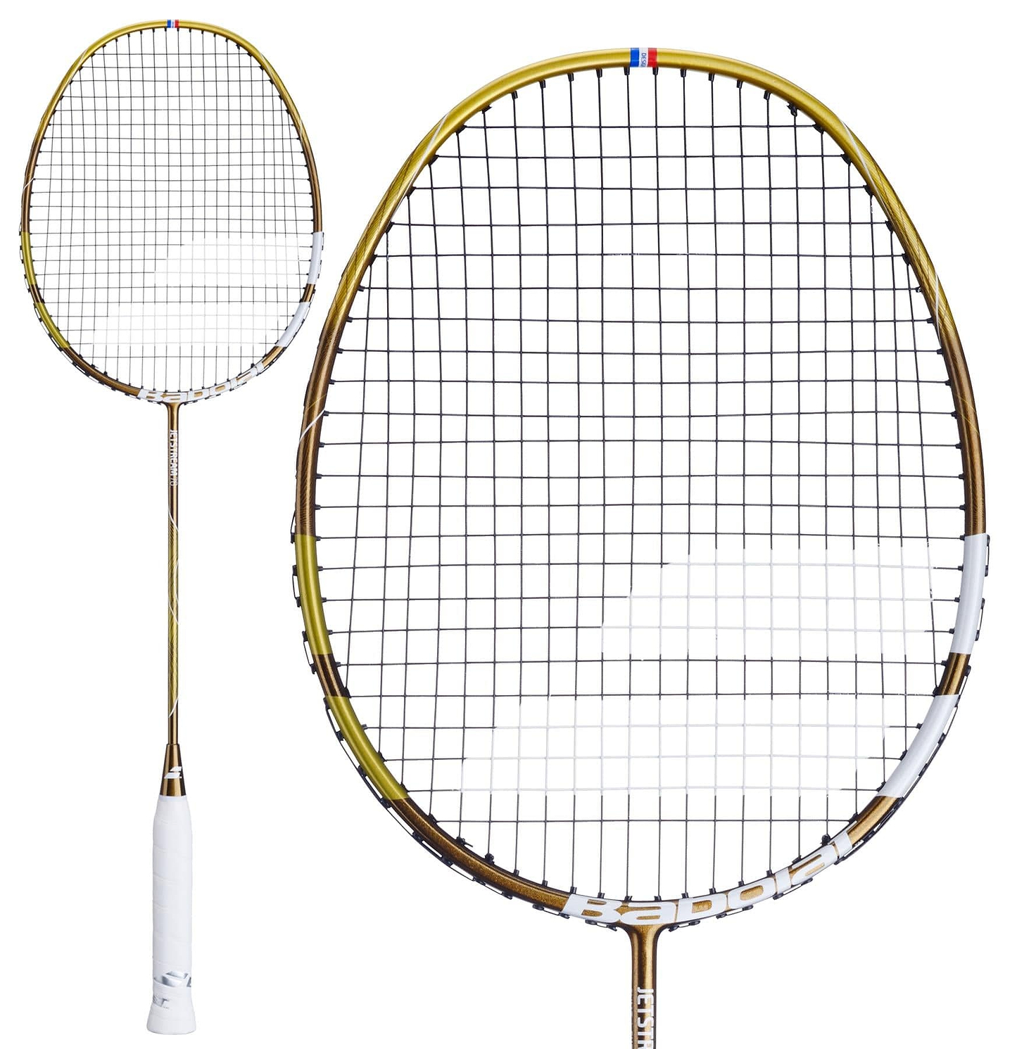 Close-up of the ultra-lightweight Babolat Jetstream 78 5U Badminton Racket by Babolat, featuring a gold frame and white grip. Its tightly woven strings offer excellent maneuverability, while the visible shaft highlights its detailed design and vibrant color.