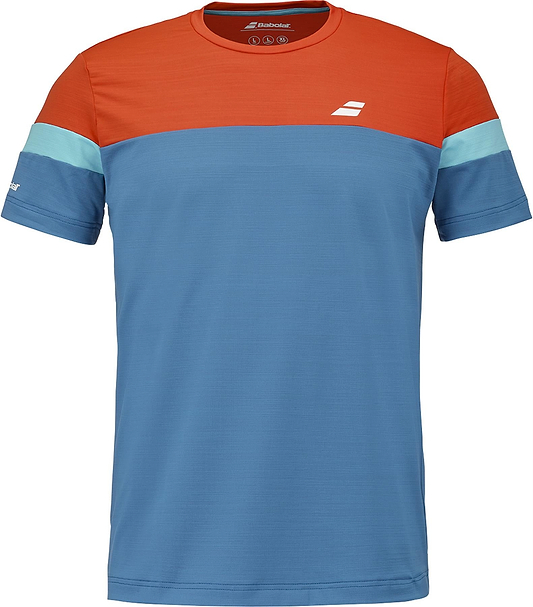 The Babolat Crew Neck Men's Badminton T-Shirt - Seaport features short sleeves, a red-orange upper, blue lower section, light blue sleeve bands, and small white Babolat logos on the chest and sleeve.