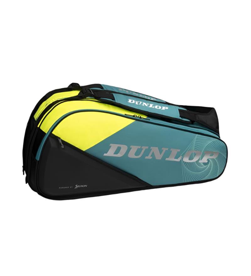 Teal, black, and yellow Dunlop SX Performance Badminton Bag with "Dunlop" prominently displayed. It features multiple zippered compartments, a carry handle on top, and ergonomic padded shoulder straps for easy transport of up to 8 rackets.