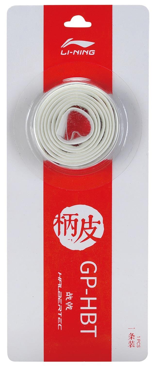 The Li-Ning GP-HBT Badminton Grip - White is elegantly displayed in clear packaging. "Li-Ning" stands out atop a red and white background with text and logos, offering cushioned comfort for optimal performance as an ideal replacement grip.