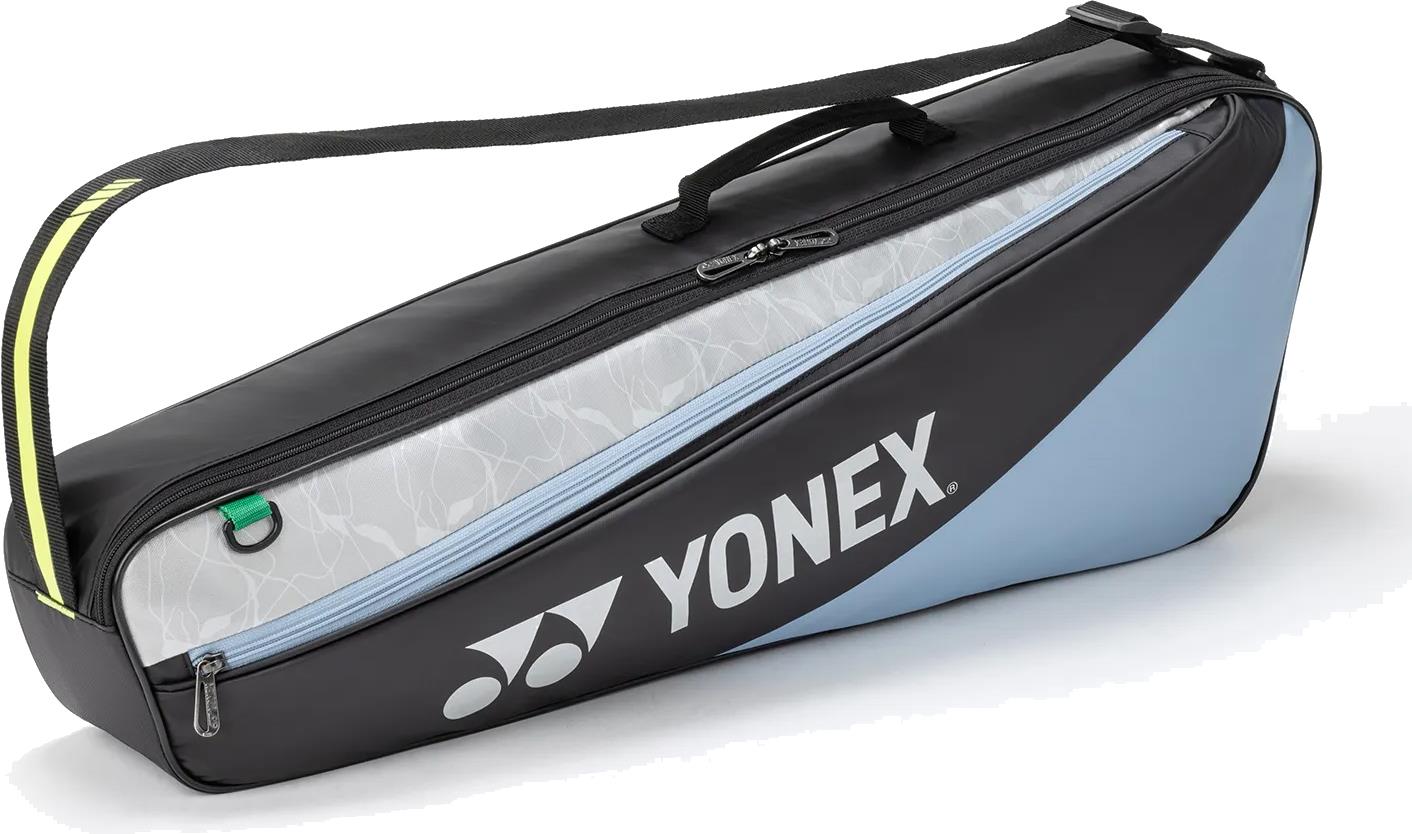 The Yonex BA52523EX Club 3 Racket Badminton Bag in black and blue features a zippered main compartment for up to 3 rackets, a side pocket, and an adjustable shoulder strap—ideal for carrying your badminton gear.