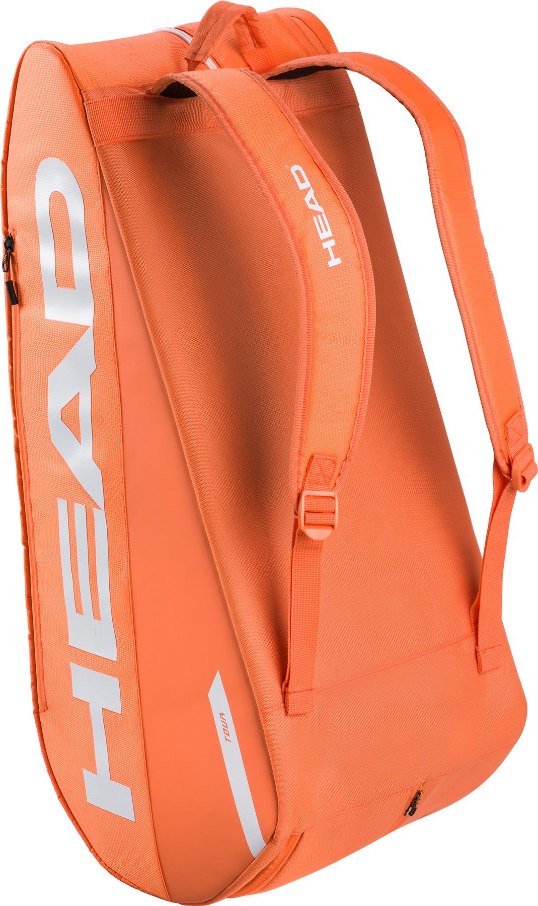 The HEAD Tour 9 Racket Badminton Bag L in bright orange features two shoulder straps, a side zipper, and bold white “HEAD” branding—combining modern design and function for stylishly carrying your sports equipment.