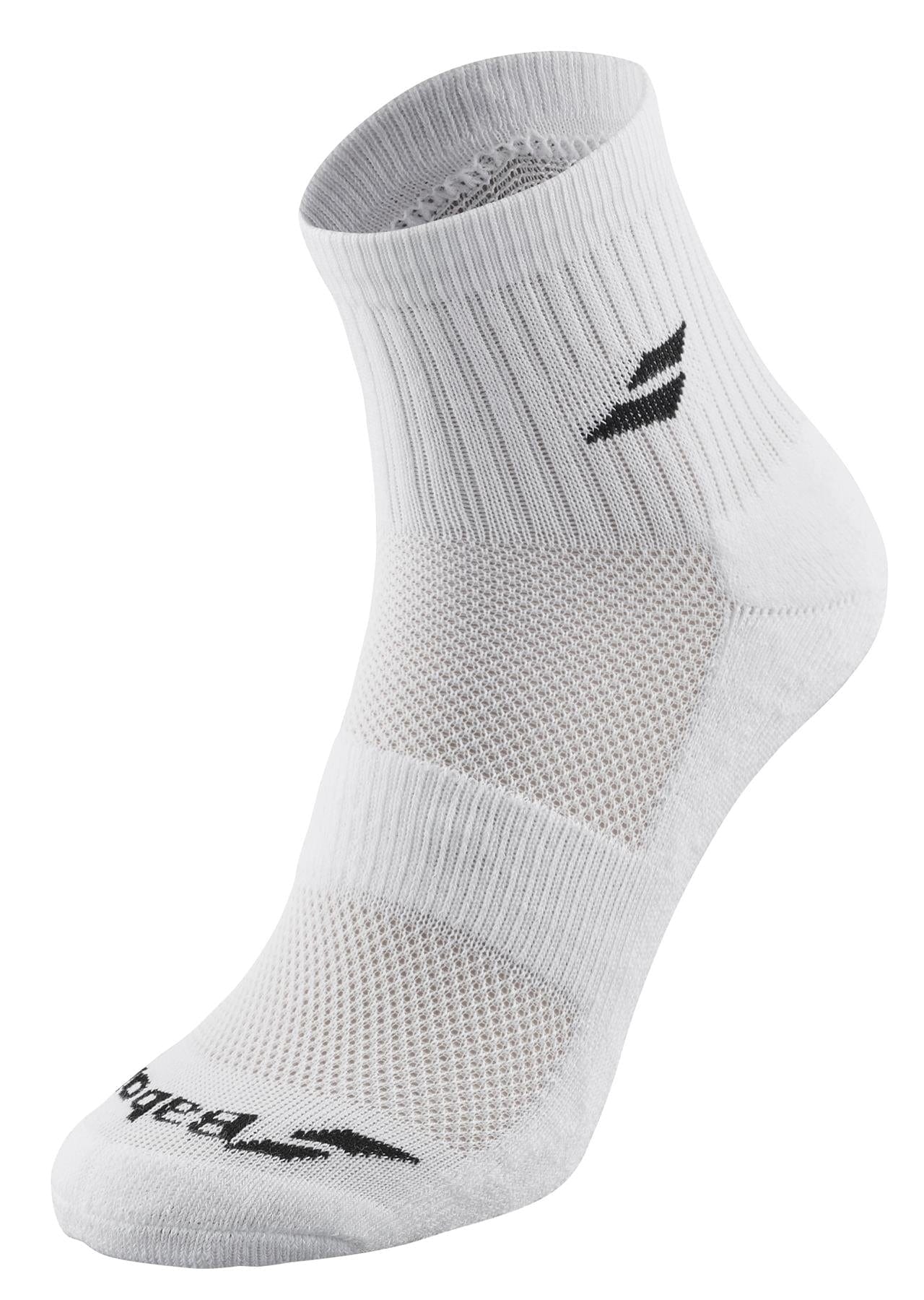 The Babolat Quarter 3 Pack Badminton Socks in White, Blue, and Grey are designed with a ribbed cuff and ventilated zones to enhance airflow. Featuring a small black logo on the side and a smooth toe seam, these socks offer exceptional comfort and performance for badminton players.