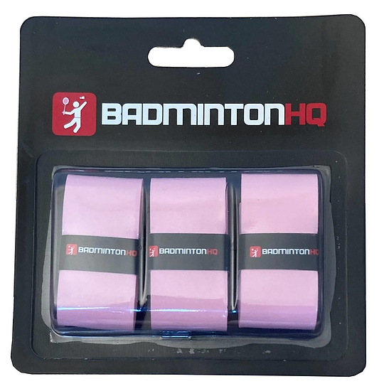 The BadmintonHQ 3 Pack Badminton Overgrips in pink come in black packaging labeled "BadmintonHQ" and feature a white and red logo of a badminton player.