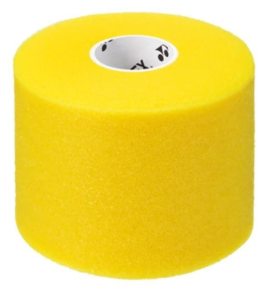 The Yonex AC381 Cushion Wrap Badminton Overgrip - 30m in yellow stands upright on a white background—perfect for cushioning and maximum absorbency.