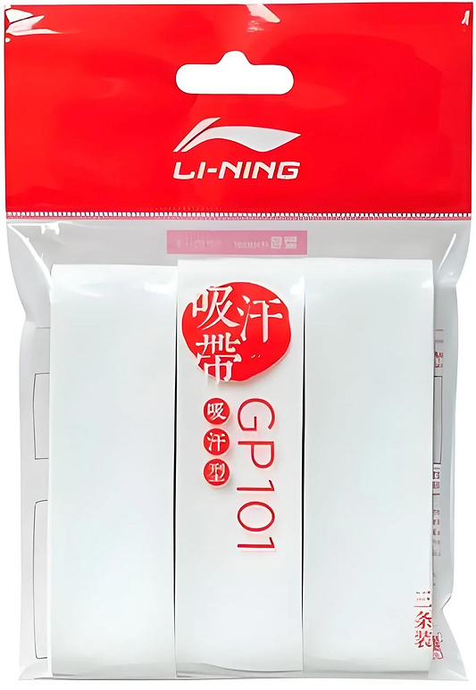 The Li-Ning GP101 Badminton Overgrips (3 Pack) in white offer a grippy feel for rackets. Each pack features three overgrips in a clear bag with red and white Li-Ning branding and Chinese text on the front.