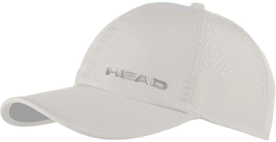 The HEAD Pro Player Badminton Cap - White is a lightweight sports cap with "HEAD" on the front, side ventilation holes, a curved brim, and added UV protection—ideal for outdoor play.