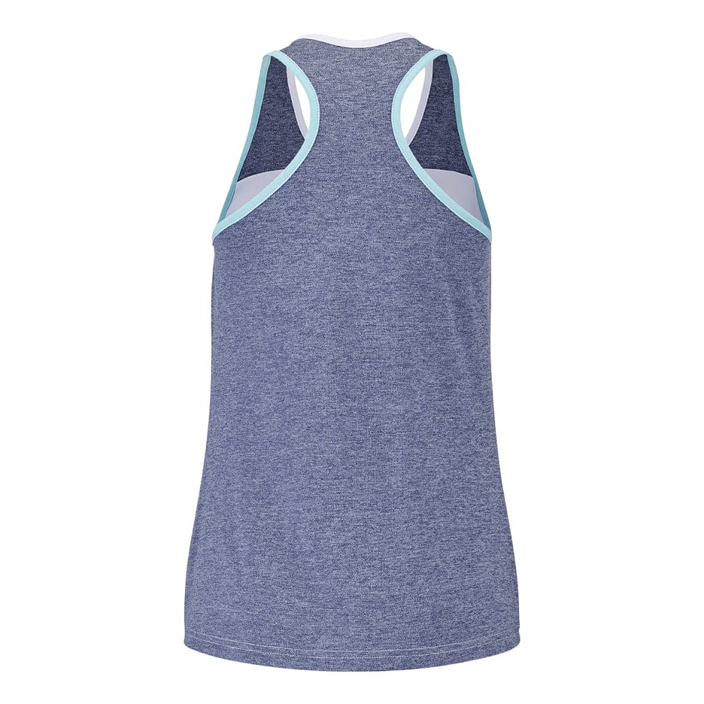 A stylish Women's Badminton Tank Top in white and blue heather by Babolat, equipped with Babolat Play technology for optimal performance and fashion.