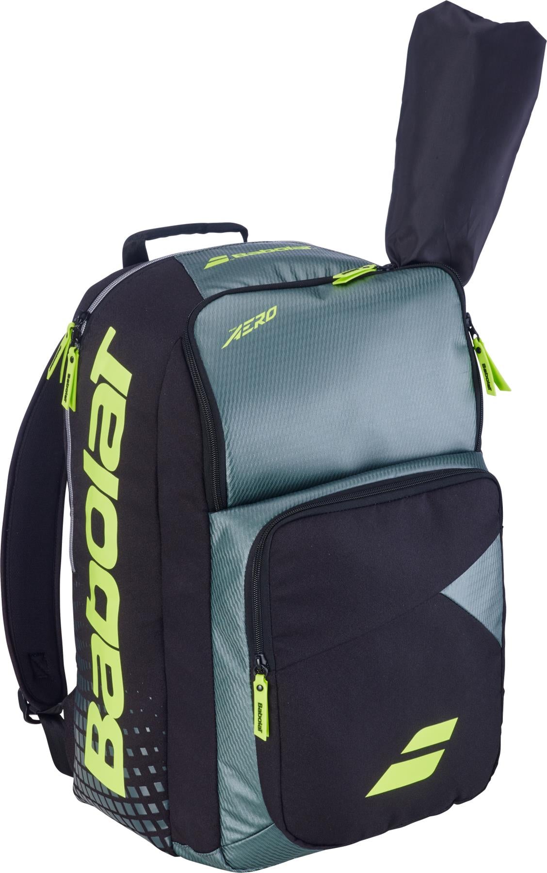 The Babolat Pure Aero 2026 Badminton Backpack in grey and yellow features the Babolat logo, a large front pocket, and a separate racket compartment with space for your racquet to stick out at the top.