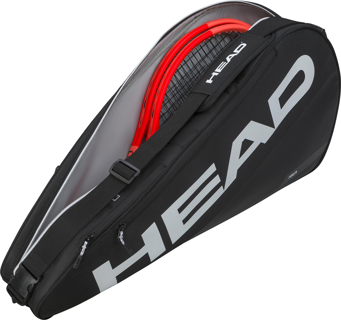 The HEAD Tour 3 Racket Badminton Bag S - Black features bold white HEAD branding, a sleek structured shape, and multiple zipped compartments. The partially unzipped bag displays two red rackets inside.