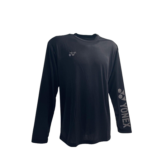 The Yonex YLSS2024 Unisex Badminton Long Sleeve T-Shirt in black showcases a stylish chest logo and bold "YONEX" on the right sleeve. Made with moisture-wicking fabric, it ensures comfort during intense matches.