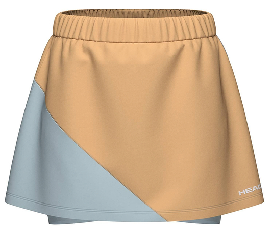 The HEAD Dynamic Womens Badminton Skort in apricot and light blue features a colorblock design, elastic waistband, moisture-wicking fabric, and the HEAD logo in white on the lower edge.